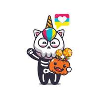 Cute unicorn with skeleton costume holding halloween pumpkin vector