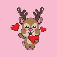 cute deer cartoon character holding love heart in valentines day