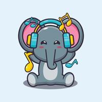 Lindo elefante escuchando música con ilustración de vector de dibujos animados de auriculares