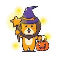 Cute lion cartoon character with witch costume in halloween day vector