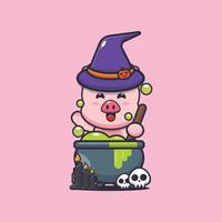 lindo personaje de dibujos animados de bruja cerdo haciendo poción en el día de halloween vector