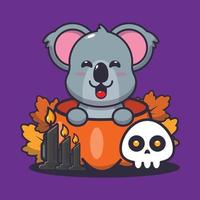 lindo personaje de dibujos animados de koala en calabaza de halloween vector