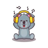 lindo koala escuchando música con ilustración de vector de dibujos animados de auriculares