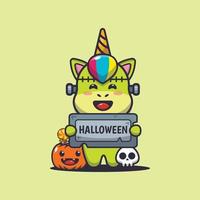 lindo personaje de dibujos animados de unicornio zombie con piedra de saludo de halloween vector