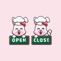 cute bunny chef mascot cartoon character with open and close board vector