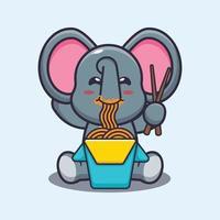 lindo elefante comiendo fideos dibujos animados vector ilustración