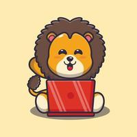 Cute lion with laptop cartoon vector illustration
