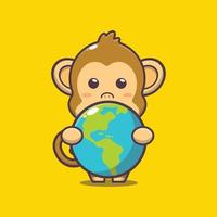 lindo personaje de dibujos animados de mono abrazando la tierra vector