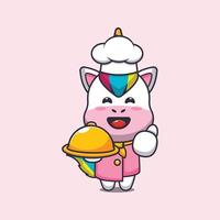 lindo personaje de dibujos animados de la mascota del chef unicornio con plato vector