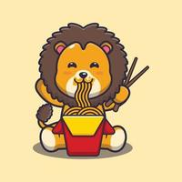 lindo león comiendo fideos dibujos animados vector ilustración