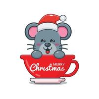 Cute mouse cartoon character wearing santa hat in cup vector