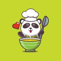 Cute panda chef mascota personaje de dibujos animados con sopa vector