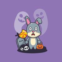 lindo personaje de dibujos animados de conejo asustado por un fantasma en el día de halloween vector