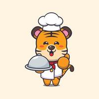 lindo personaje de dibujos animados de la mascota del chef tigre con plato vector