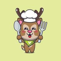 lindo ciervo chef mascota personaje de dibujos animados con cuchara y tenedor vector