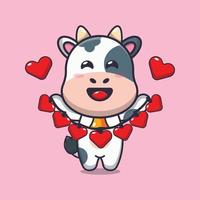 cute cow cartoon character holding love decoration vector