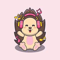 Cute hedgehog listening music with headphone cartoon vector illustration