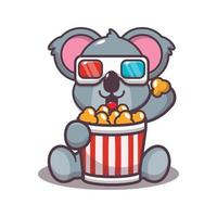 Cute koala eating popcorn and watch 3d movie vector