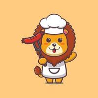 lindo personaje de dibujos animados de la mascota del chef león con salchicha vector