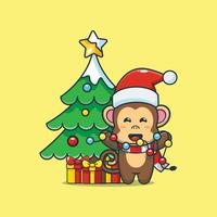 lindo personaje de dibujos animados de mono con lámpara de navidad vector