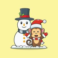 Cute monkey cartoon character with snowman vector