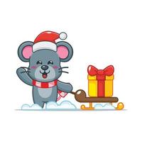 Cute mouse cartoon character carrying christmas gift box vector