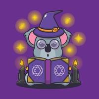 lindo personaje de dibujos animados de koala bruja leyó un hechizo del libro de hechizos vector