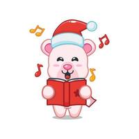 lindo personaje de dibujos animados de oso polar canta una canción de navidad vector