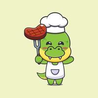 lindo personaje de dibujos animados de la mascota del chef dino con filete de res vector