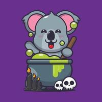 Cute koala cartoon character making poison in halloween day vector