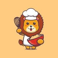 lindo personaje de dibujos animados de la mascota del chef león con masa de pastel vector