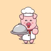 lindo personaje de dibujos animados de la mascota del chef de cerdo con plato vector