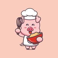 lindo personaje de dibujos animados de la mascota del chef de cerdo con masa de pastel vector