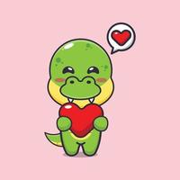 lindo personaje de dibujos animados de dino con corazón de amor vector