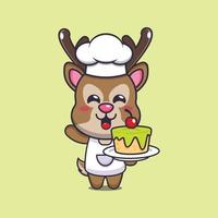 lindo personaje de dibujos animados de la mascota del chef ciervo con pastel vector