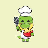 lindo personaje de dibujos animados de la mascota del chef dino con masa de pastel vector