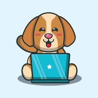 lindo perro con ilustración de vector de dibujos animados de laptop.