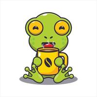 Cute frog with hot coffee cartoon vector illustration