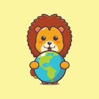 lindo personaje de dibujos animados de león abrazando la tierra vector