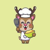 lindo personaje de dibujos animados de la mascota del chef ciervo con masa de pastel vector