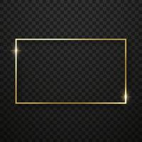 Gold Shiny Rectangle Border on Black Transparent Background. Mockup of Glowing Frame. Realistic Golden Rectangle Frame with Sparkle Effect. Light Christmas Decoration. Isolated Vector Illustration.