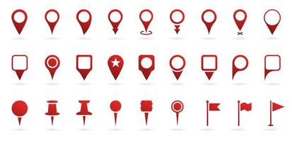 Red Location Pins Sign. Pointer Navigation Symbol. Flag Mark, Thumbtack Sign. Red GPS Tag Collection. Set of Marker Point on Map, Place Location Pictogram. Isolated Vector Illustration.