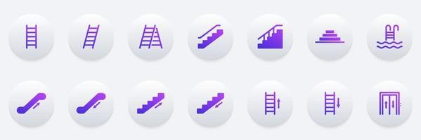 Set of Stairs Line and Silhouette Icon. Collection Staircases Outline Icon. Elevator, Ladder, Stairway, Escalator, Pool Stair Linear Pictogram. Editable Stroke. Isolated Vector Illustration