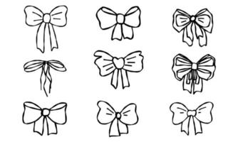 Cute doodle set vector illustration decorative ribbon and bows, hand drawn isolated collection.