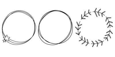 Doodle frames set hand drawn. Round lines with flowers, stars, branches for a wedding collection. vector