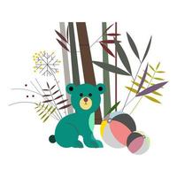 A cute panda is playing with brightly colored balls in the rich bamboo forest. vector illustration