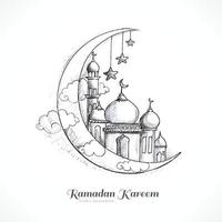 dibujo a mano luna bosquejo ramadan kareem diseño de tarjeta vector