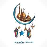 Ramadan kareem islamic moon and mosque colorful card background vector