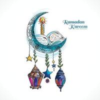 Ramadan kareem islamic moon and mosque colorful card background vector