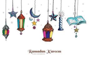 Beautiful decorative Islamic ramadan kareem festival greeting with lamp and moon background vector